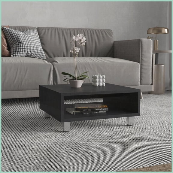 Minimalist Black Square Coffee Table - 10” H Space-Saving with Open Storage for Modern Living