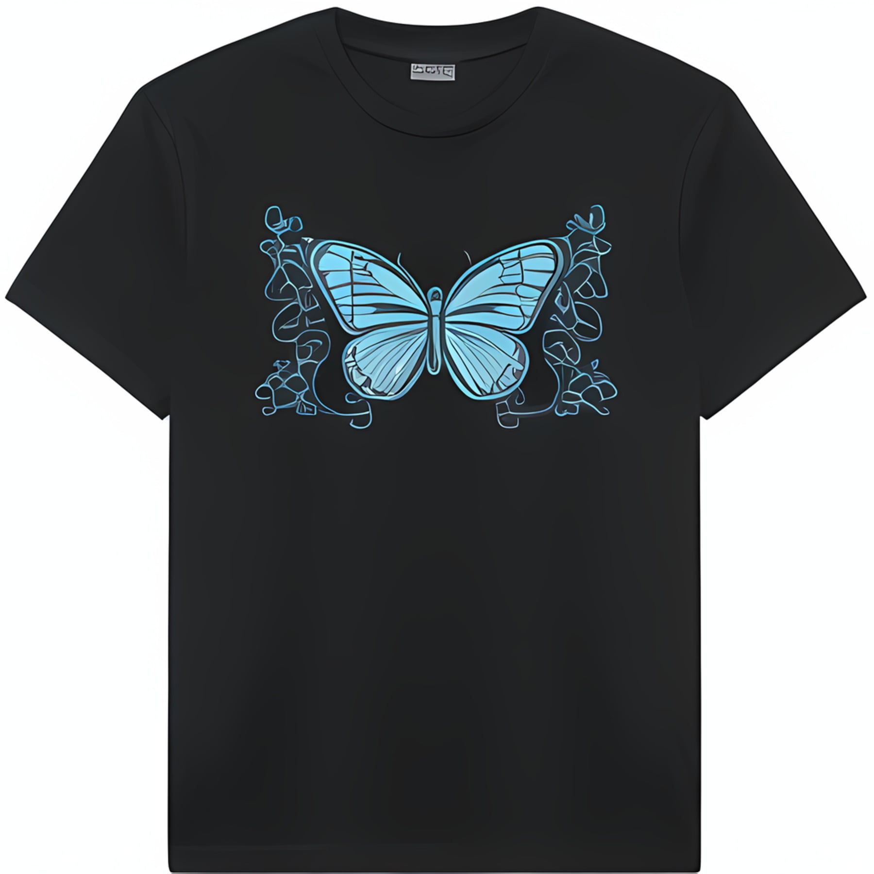 Minimalist Black T-Shirt with Abstract Light Blue Butterfly Graphic & Floral Accents
