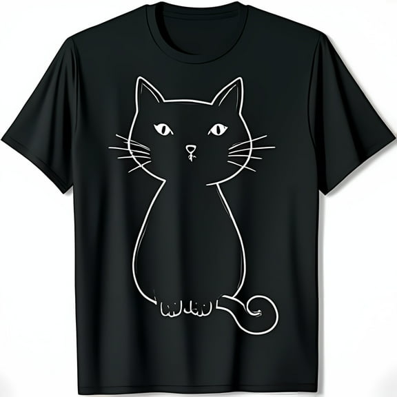 Minimalist Black T-Shirt with Cute White Cat Design Cartoon Style