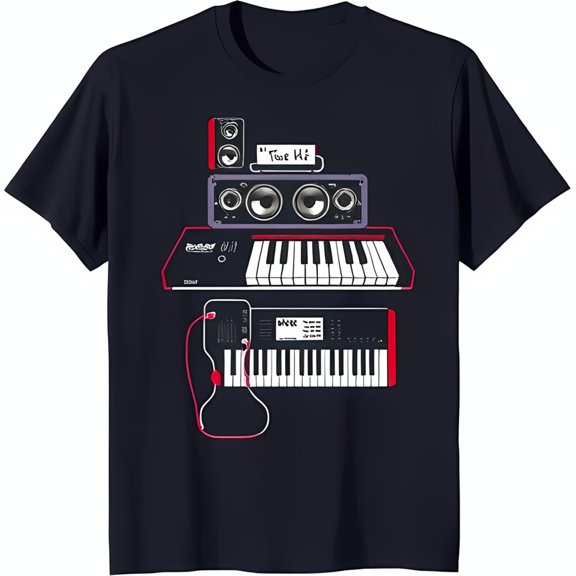 Minimalist Black T-Shirt with Musical Equipment Design: Keyboard Speaker & Synthesizer