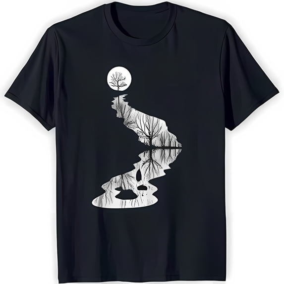 Minimalist Black T-Shirt with River and Forest Graphic Moon Design