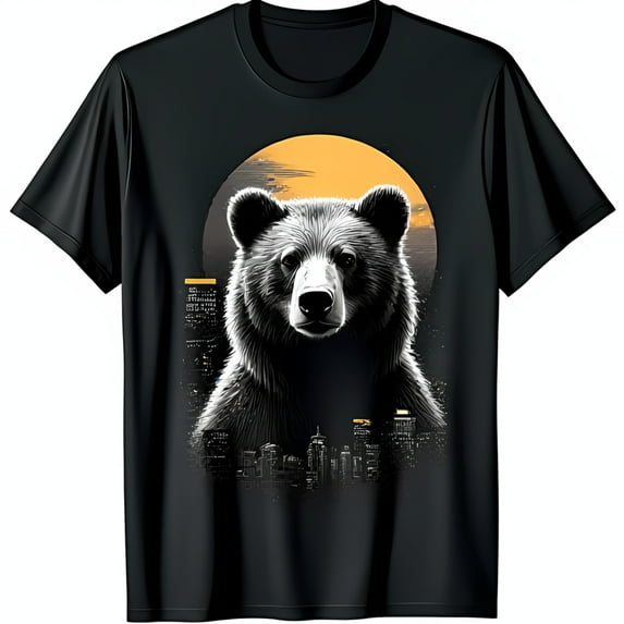 Minimalist Black T-Shirt with Striking Bear Head Graphic & Cityscape Design