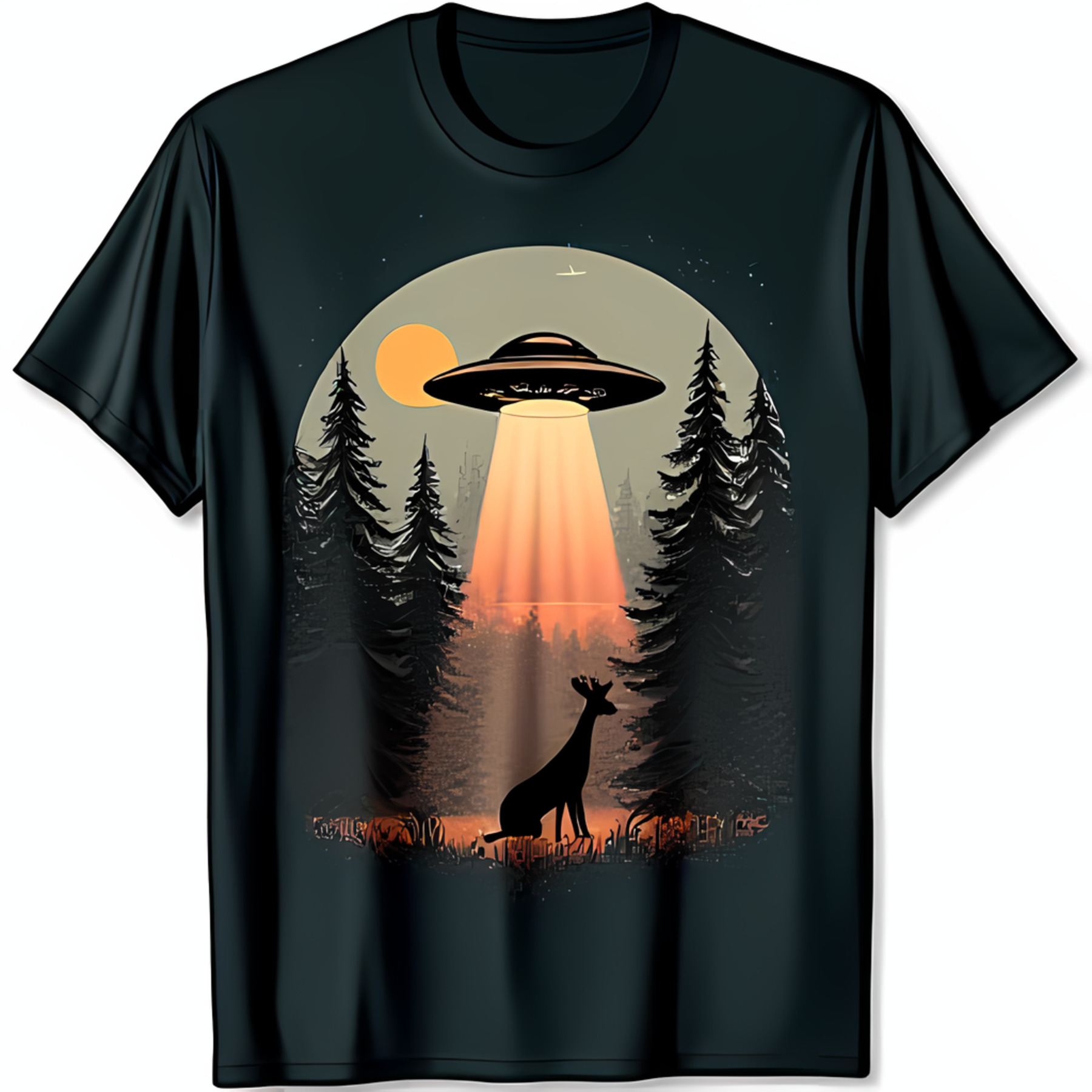 Minimalist Black T-Shirt with UFO and Forest Design Deer Graphic Tee ...