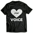 Minimalist Black TShirt with White Heart & your in Cursive Bold VOICE