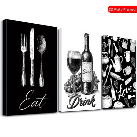 Minimalist Black & White Kitchen Quote 3-Piece Canvas Decor for Dining Room