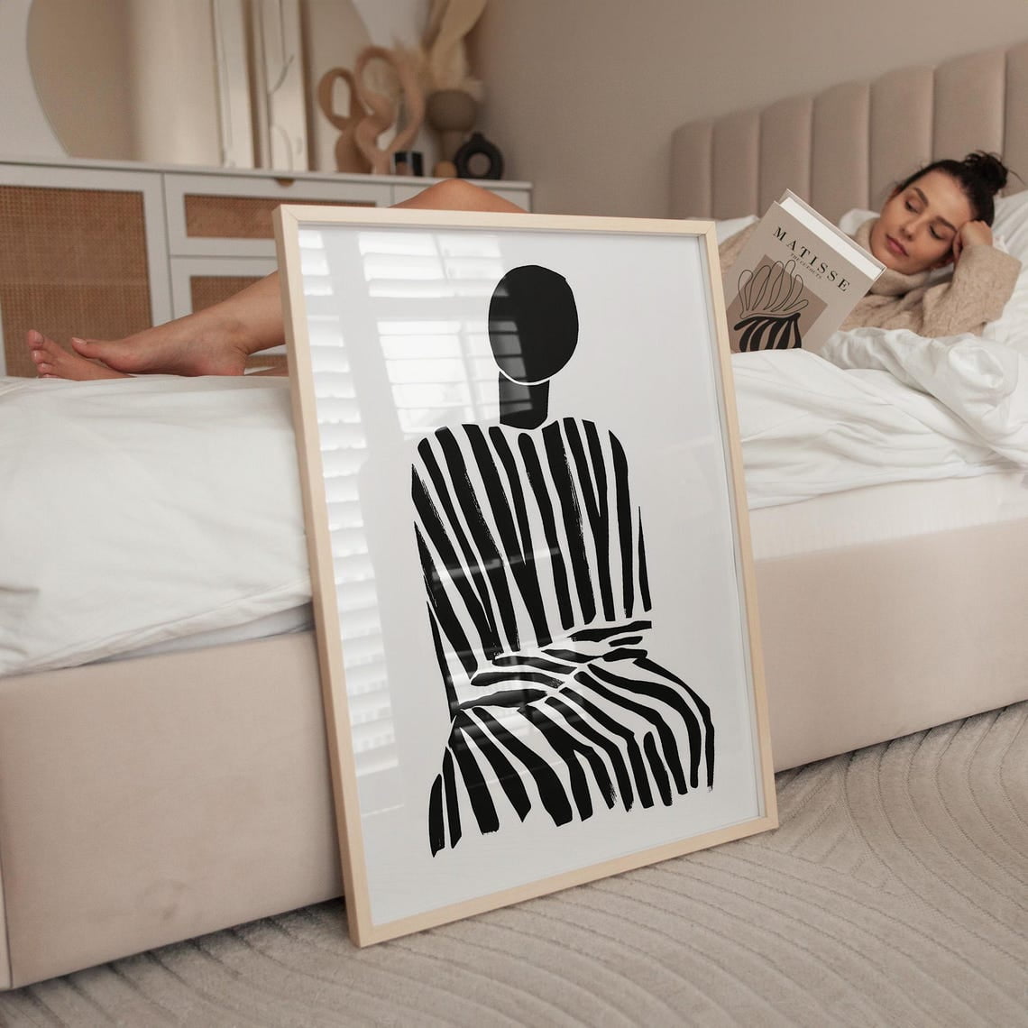 Minimalist Black And White Silhouette Art Abstract Striped Figure Wall ...