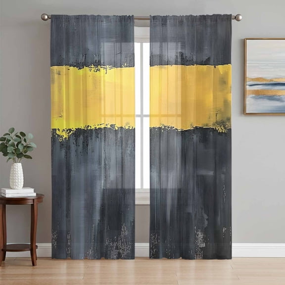 Minimalist Black Yellow Color Block Chiffon Sheer Curtains 84 Inches Long, Modern Abstract Art 2 Rod Pocket Window Treatment Voile Drapes Curtains for Living Room Bedroom,2 Panels, 52x84In