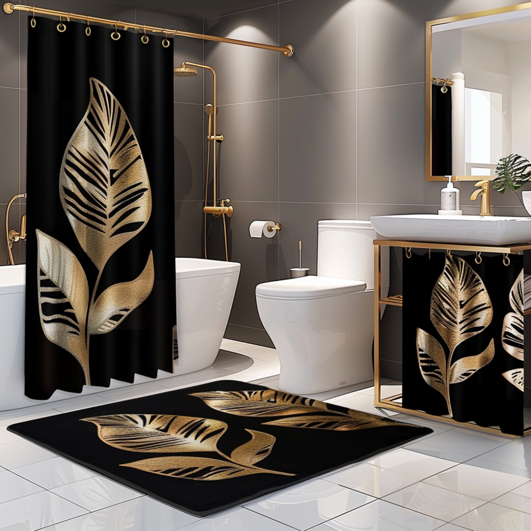 Minimalist Black and Gold Bathroom Set with Leaf Pattern and Curtains ...