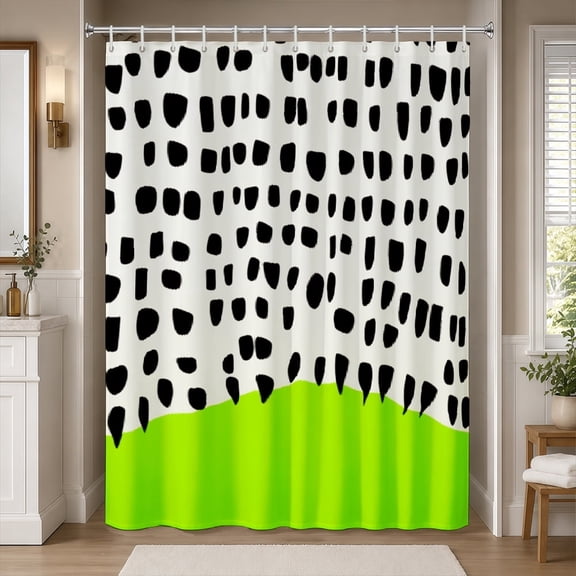 Minimalist Black and White Abstract Dash Speckle Shower Curtain Bright Neon Green Block Waterproof Fabric Bath Curtain