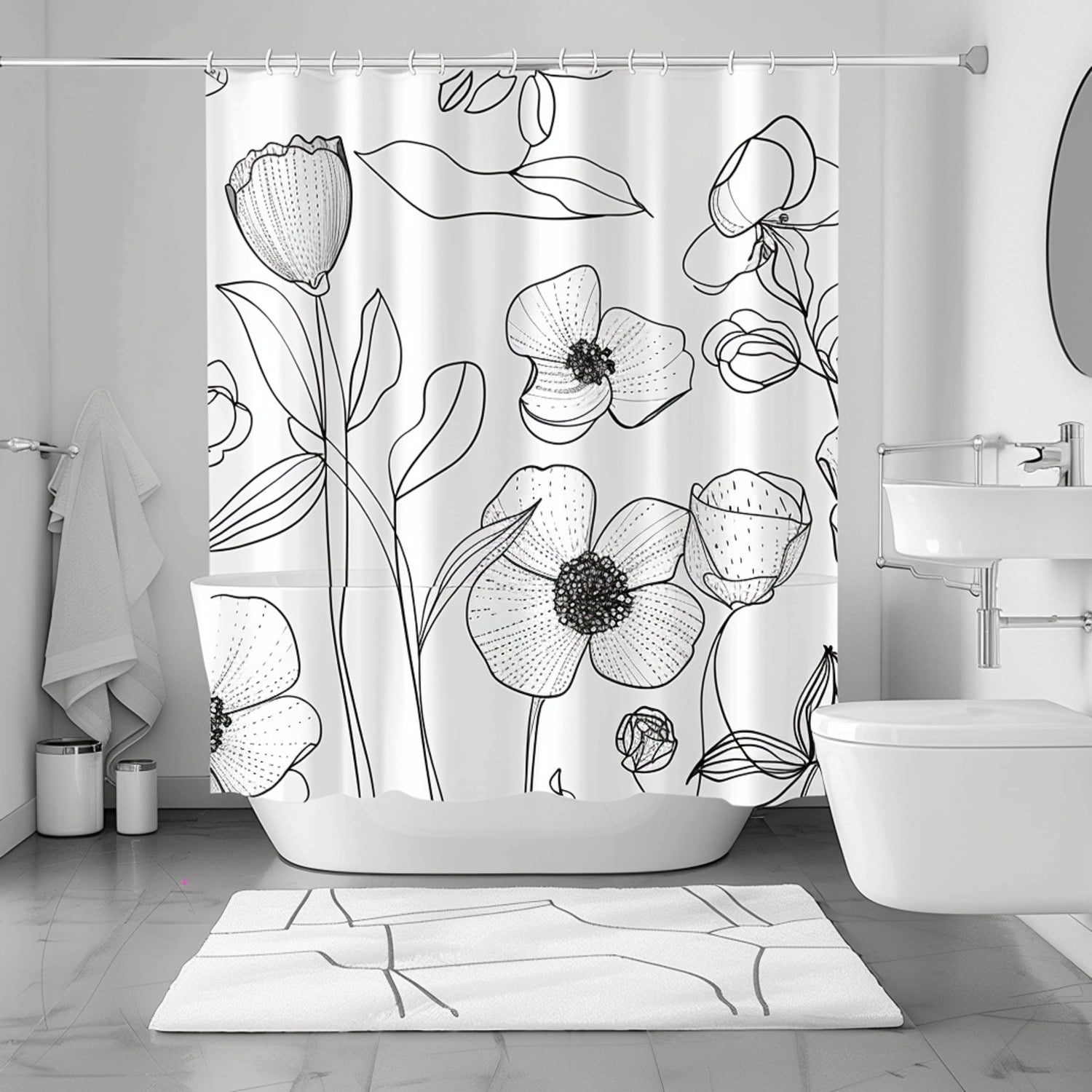 Minimalist Black and White Floral Bathroom Set Shower Curtain Decor