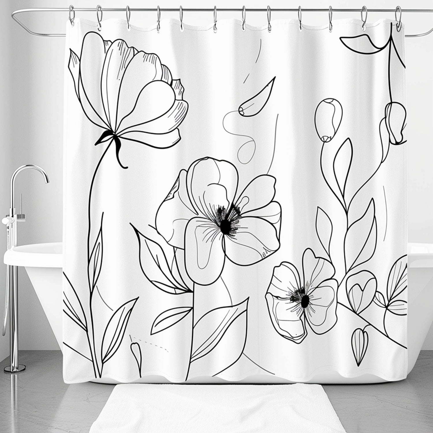 Minimalist Black and White Floral Shower Curtain Modern Bathroom Decor