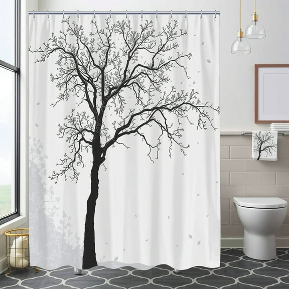 Minimalist Black and White Shower Curtain with Tree and Leaves - Serene Bathroom Decor