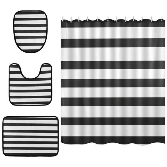 Minimalist Black and White Stripe Bathroom Accessory Curtain Sets Bath Curtain Anti-Slip Mats and Toilet Pad 66x72in