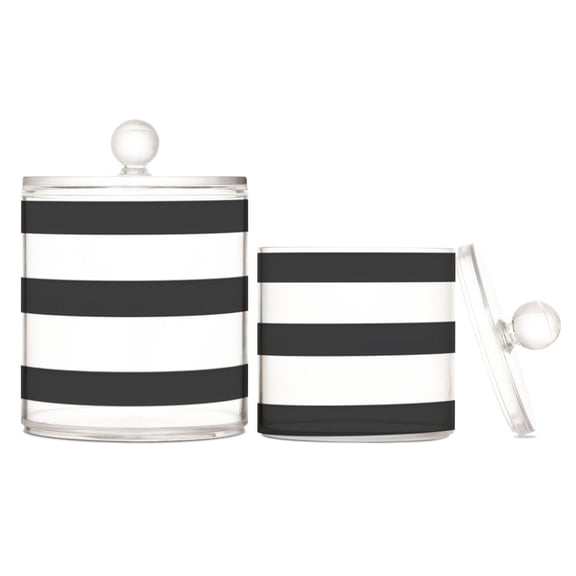 Minimalist Black and White Stripe Translucent Plastic Cotton Swabs Canisters Large Medium Set