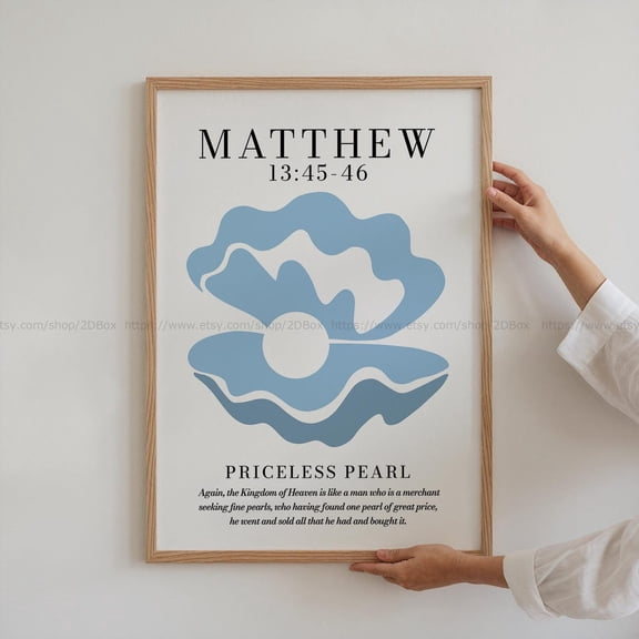 Minimalist Blue Christian Priceless Pearl Scripture Matthew 13:45 Coastal Bible Verse Calm Faith Seashell Unframed Paper Poster 8x10in