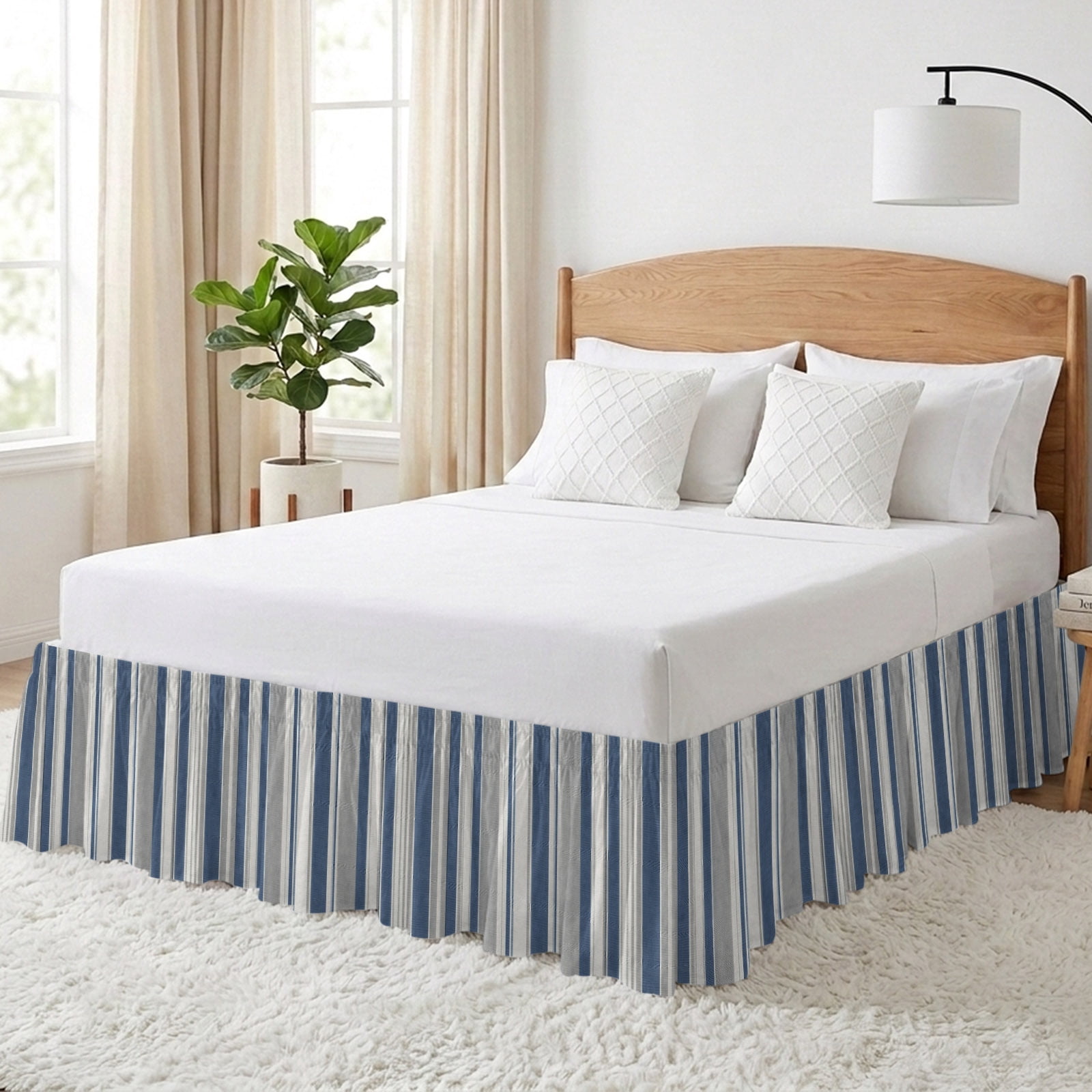 Minimalist Blue Gray Striped Bed Skirt King Size 18 Inch Drop, Vertical ...