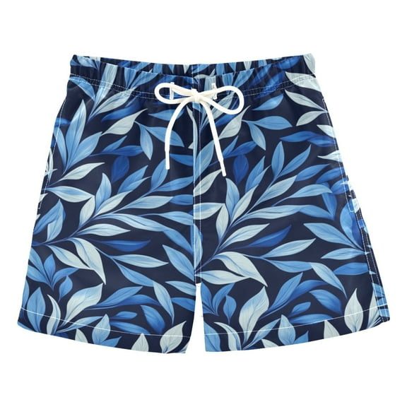 Minimalist Blue Leaf Blackground Boys Swim Trunks Quick Dry Boy Swim Shorts for 3-14 Years