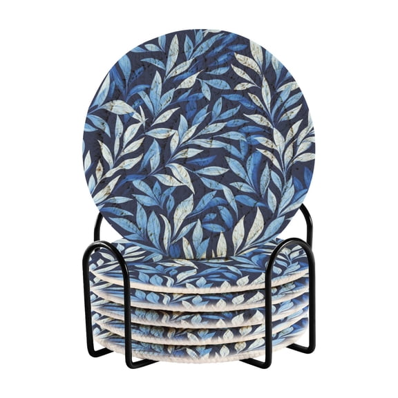 Minimalist Blue Leaf Blackground Drink Coasters with Holder Absorbent Coaster for Coffee Table Room Decor 6 Pack