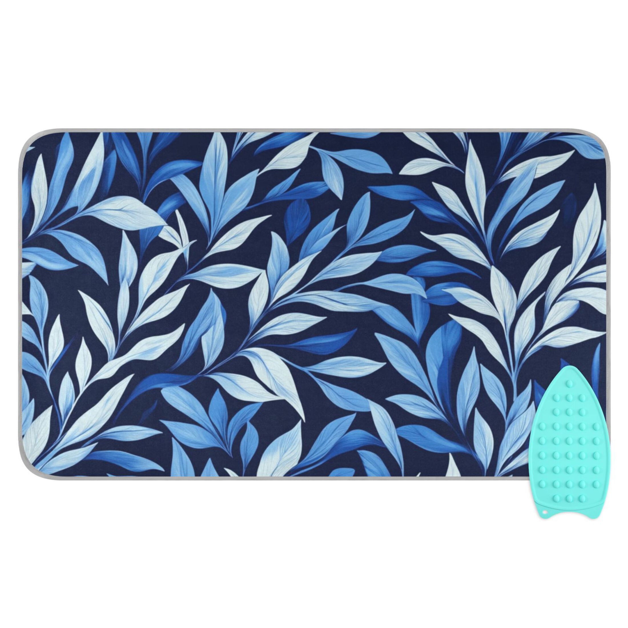 Minimalist Blue Leaf Blackground Ironing Mat Blanket for Table Top Travel Portable Ironing Board Pad 47.2x27.6 Inch