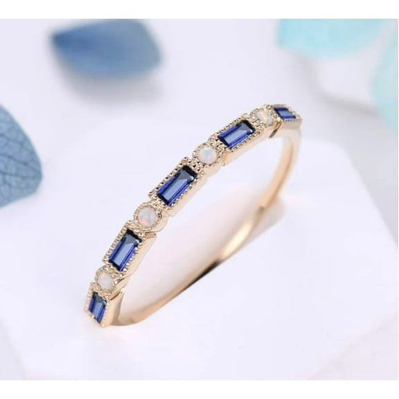 Minimalist Blue Sapphire Opal Wedding Band,Baguette Cut 925 Sterling Silver Wedding Ring,Unique Stacking Band,Birthstone Ring,Anniversary Gift,Promise Ring