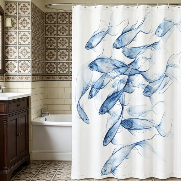 Minimalist Blue Semi-Transparent Fish Shoal Art Shower Curtain, Christmas Stylish Adult Home Bathroom Decor