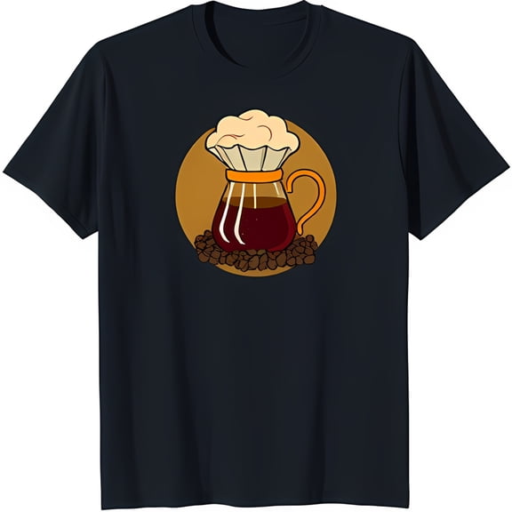 Minimalist Blue T-Shirt with White & Coffee Pot Graphic on Coffee Beans