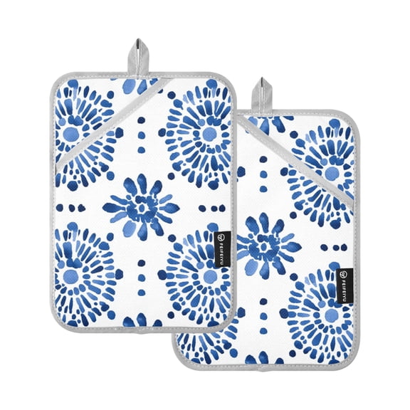 Minimalist Blue Watercolor Floral Oven Mitts Pot Holders 2 pcs Heat Resistant for Kitchen Baking Grilling