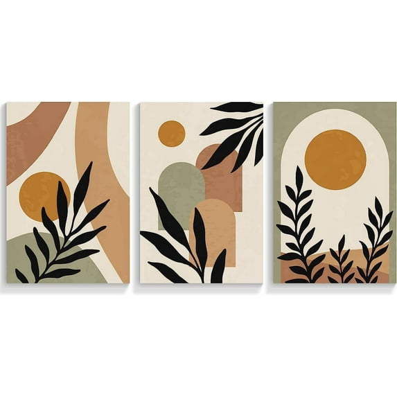 Minimalist Boho Abstract Canvas Wall Art Mid-Century Modern Beige Set of 3 Poster Neutral Geometric Line Sun Floral Prints Painting Rustic Cottage Decor Living Room Bedroom 12x16in Unframed