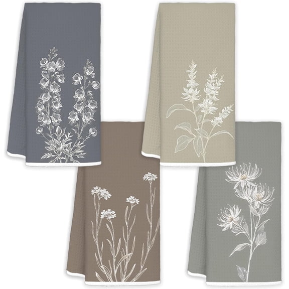 Minimalist Boho Floral Hand Towels for Bathroom Set of 4, Neutral Botanical Decorative Towels for Kitchen Spa Guest Bathroom Decor, Wildflower Decor Dish Tea Towels, 16x24 Inch