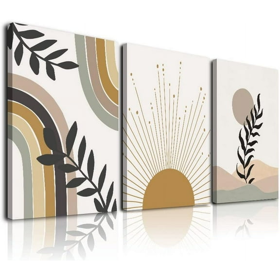 Minimalist Boho Wall Art, Boho Wall Decor, Framed Canvas Wall Art Sun Moon Palm Leaf Mountain Rainbow Beige Artwork Prints, Office, Boho Room Decor (12"x16"x3)