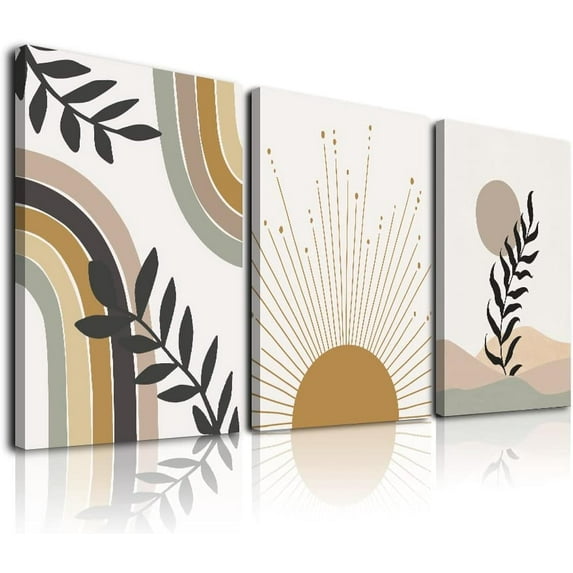 Minimalist Boho Wall Art, Boho Wall Decor, Framed Canvas Wall Art Sun Moon Palm Leaf Mountain Rainbow Beige Artwork Prints, Office, Boho Room Decor (12"x16"x3)
