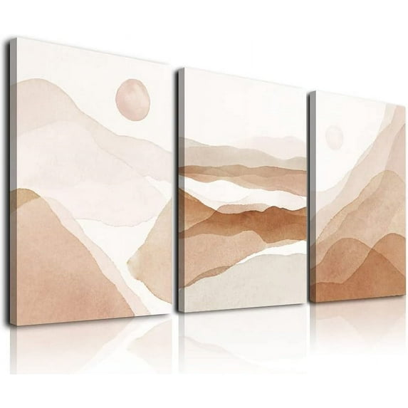 Minimalist Boho Wall Art, Boho Wall Decor, Mid-Century Modern Wall Art Prints, Framed Minimalist Neutral Canvas Art Prints Watercolor Sun Mountain Landscape Artwork for Bathroom Bedroom Living Room