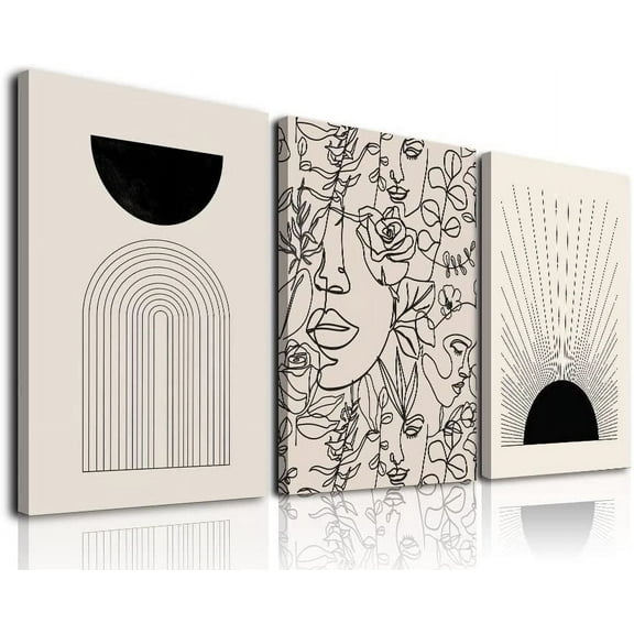 Minimalist Boho Wall Art Set of 3,Abstract Wall Art Black Beige Sunrise Women Line Wall Decor,Mid-Century Modern Art Print,Neutral Geometric Canvas Artwork Posters for Living Room,Boho Room-12"x16"