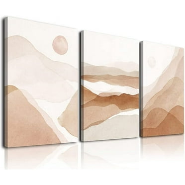 Minimalist Boho Wall Art Set of 3, Boho Room Decor, Mid-Century Modern Wall Art Prints, Framed Neutral Canvas Prints Watercolor Sun Mountain Landscape Artwork 12" X 16" for Bathroom Bedroom Living