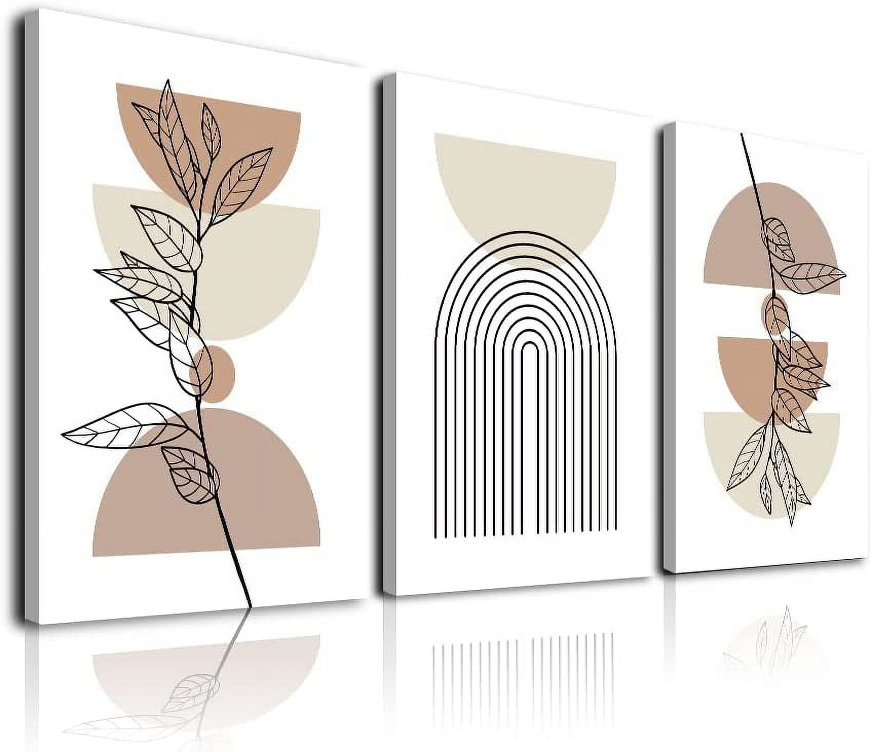 Minimalist Boho Wall Art Set of 3, Mid-Century Modern Wall Art, Framed Canvas Wall Art Moon Botanical Geometric Neutral Abstract Artwork Prints Modern Boho Room Wall Decor for Living Room,12x16