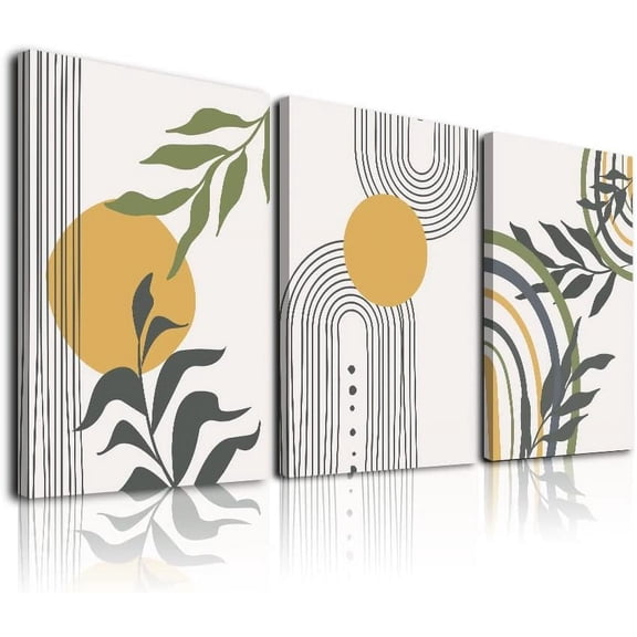 Minimalist Boho Wall Art Set of 3, MidCentury Modern Wall Art, Framed Canvas Wall Art Yellow Green Beige Moon Botanical Geometric Neutral Abstract Artwork Prints, Boho Room Wall Decor Ready To Hang