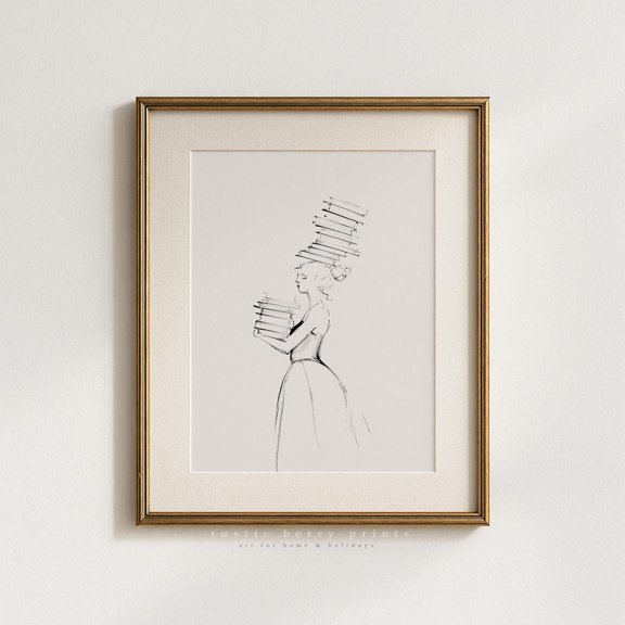 Minimalist Book Stack Woman Line Art Modern Library Poster Art, Unframed Poster