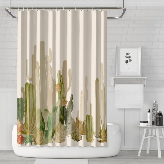 Minimalist Botanical Cactus Boho Shower Curtain, Waterproof Polyester Fabric with Hooks, Machine Washable Succulents and Southwestern Succulent Bathroom Shower Curtain