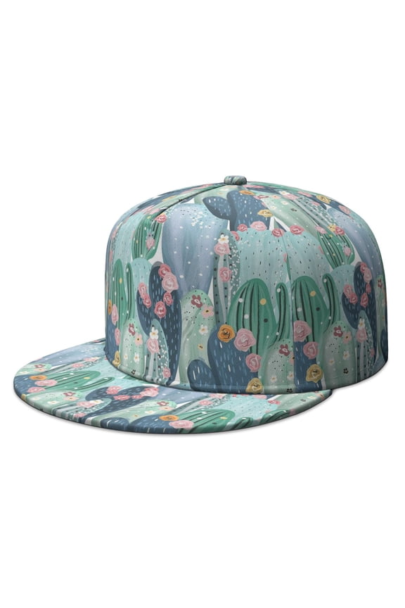 Minimalist Botanical Cactus Flat Brim Cap - Unisex Adjustable Snapback Hat with Boho Desert Style
