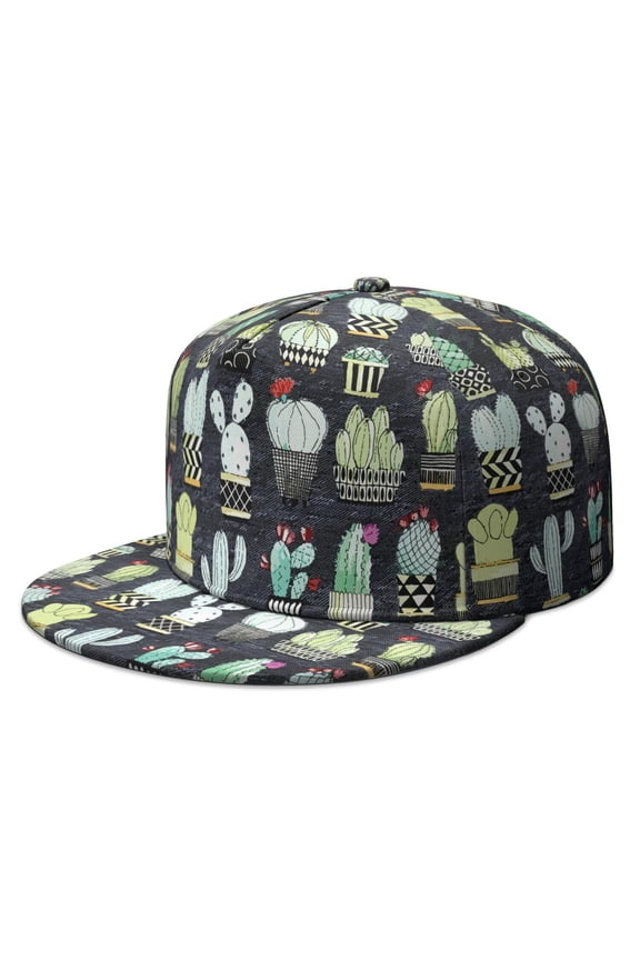 Minimalist Botanical Cactus Flat Brim Cap - Unisex Adjustable Snapback Hat with Boho Desert Style