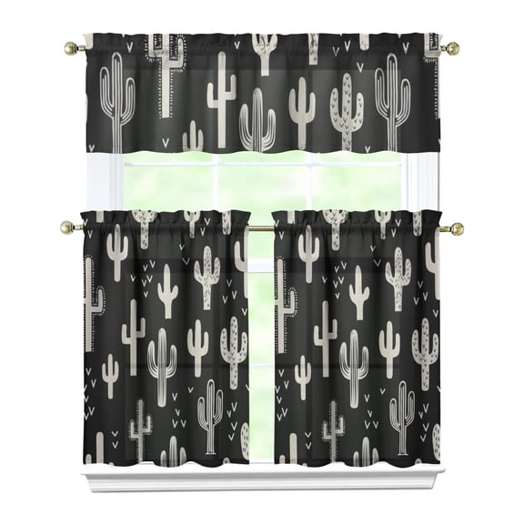 Minimalist Botanical Cactus Tier Curtains - 3-Piece Southwestern Style Semi-Sheer Rod Pocket Panels for Kitchen