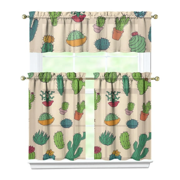 Minimalist Botanical Cactus Tier Curtains - 3-Piece Southwestern Style Semi-Sheer Rod Pocket Panels for Kitchen