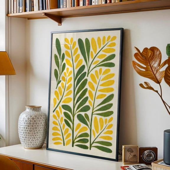 Minimalist Botanical Folk Art Yellow And Green Print, Unframed Paper Print