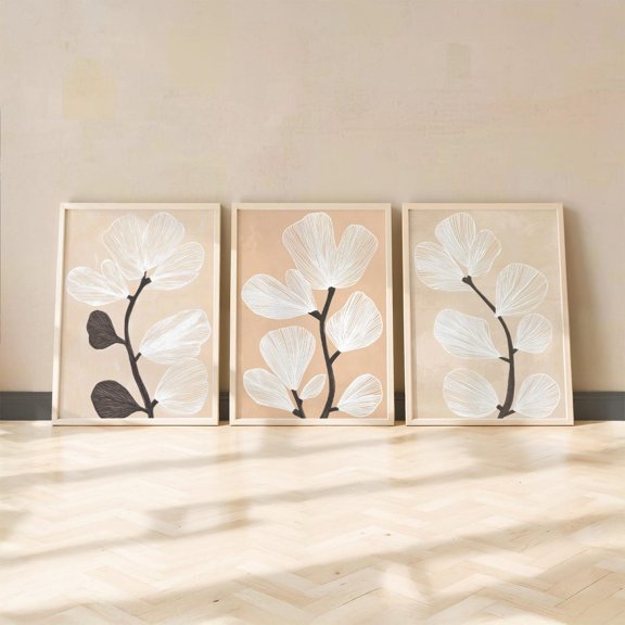 Minimalist Botanical Line Art Neutral Flower Triptych Beige Plant Decor Set 3 Unframed Paper Print 8x12