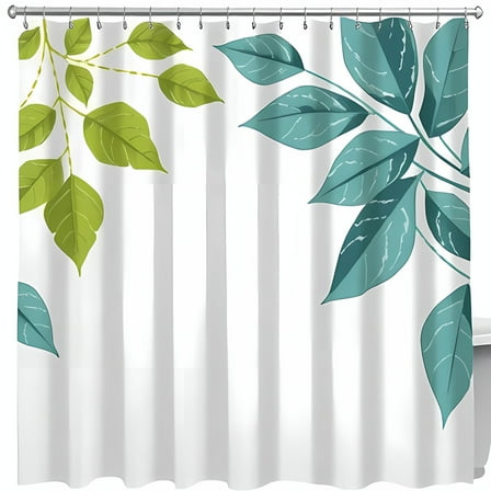 Minimalist Botanical Shower Curtain - Delicate Leaves in Light Green & Teal on White Like Ambiance for Any Bathroom
