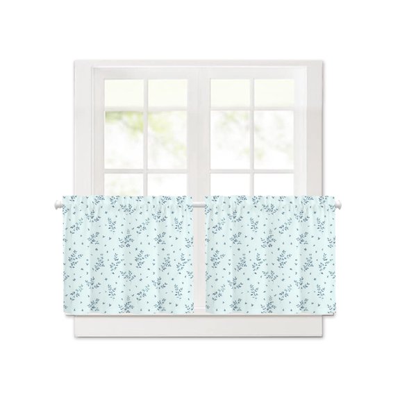 Minimalist Botanical Tiny Leaves Print Short Blackout Curtains 30 Inch Long,Blue Background Rod Pocket Kitchen Curtains,2 Panels Thermal Insulated Room Darkening Drapes for Bedroom,30"Wx30"L