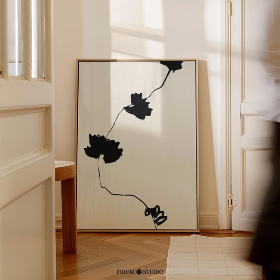 Minimalist Botanical Wall Art Black And Beige Floral Vintage Style Decor Room Interior