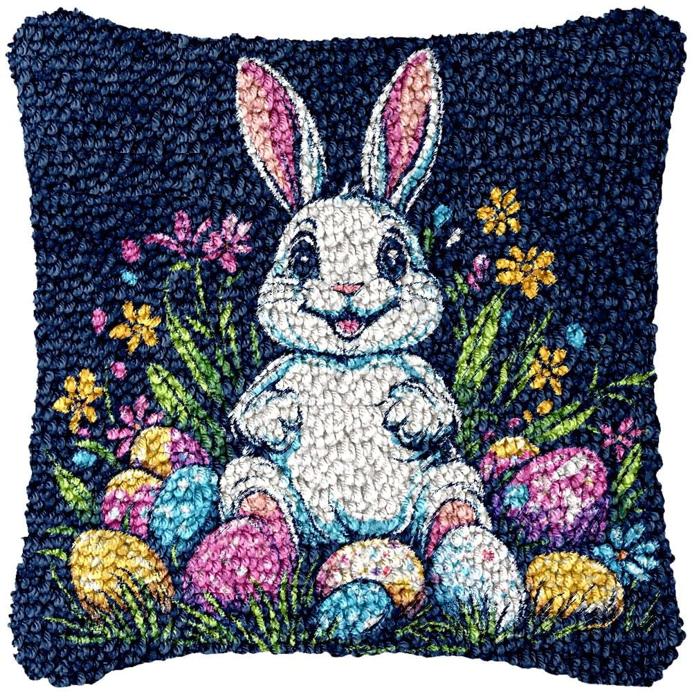 Minimalist Bunny & Easter Eggs Latch Hook Pillow Kits DIY Pillowcase Cushtion Cover Crochet Hooking Pillow Making Kits with Color Pattern Canvas Crochet Hooking Kits Pillow 43x43cm(j58)