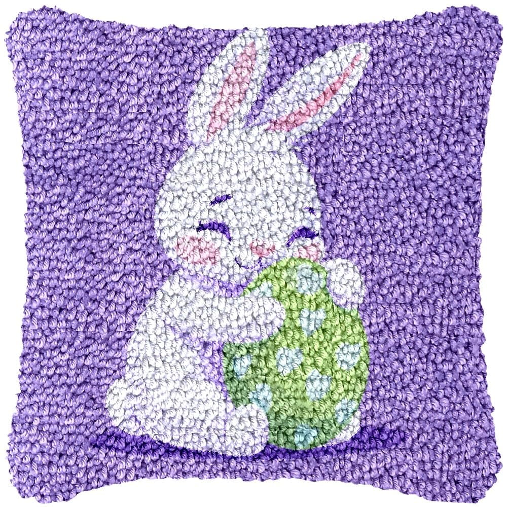 Minimalist Bunny & Egg Latch Hook Pillow Kits DIY Pillowcase Cushtion Cover Crochet Hooking Pillow Making Kits with Color Pattern Canvas Crochet Hooking Kits Pillow 43x43cm(j57)