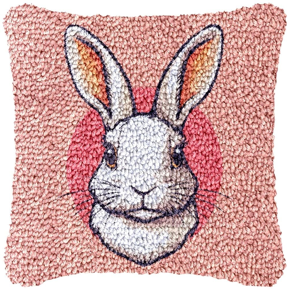 Minimalist Bunny Latch Hook Pillow Kits DIY Pillowcase Cushtion Cover Crochet Hooking Pillow Making Kits with Color Pattern Canvas Crochet Hooking Kits Pillow 43x43cm(j70)